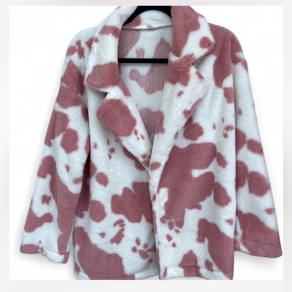 Jacket Coat Cow Print Pink White Faux Fur Long Sleeve Fits Sizes 4 to 12